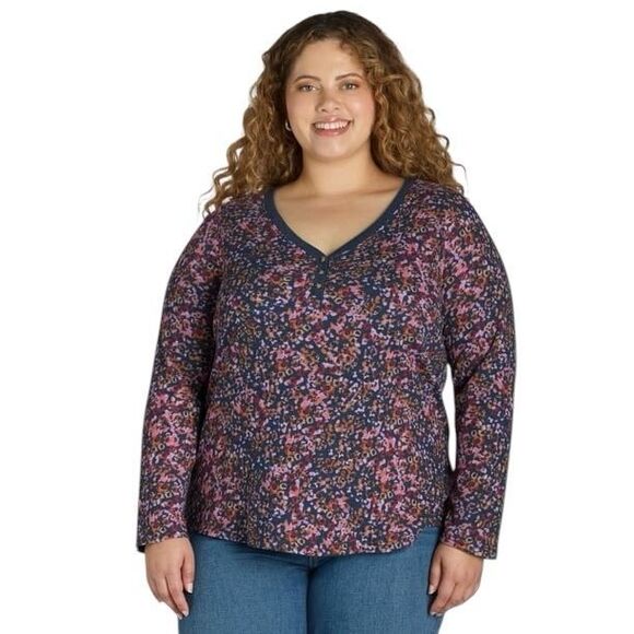 Terra Sky Plus Sz 4X Top 28W 30W‎ Thermal Waffle Knit Navy Purple Floral 1473 - Picture 1 of 13